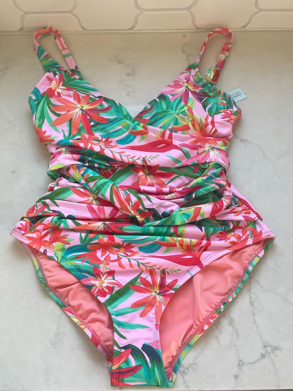 Tropical Pink Floral One-Piece Swimsuit with Ruching - Sz 10 - Picture 1 of 9